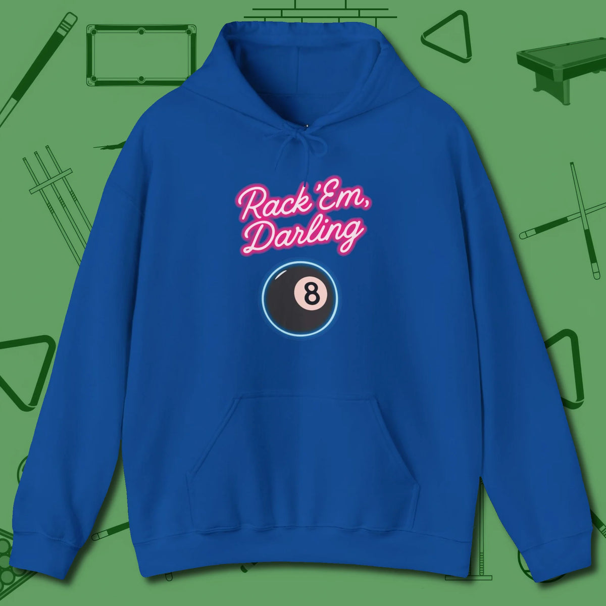 Rack ’Em Darling Hoodie, front view, in Royal attitude built for the long haul
