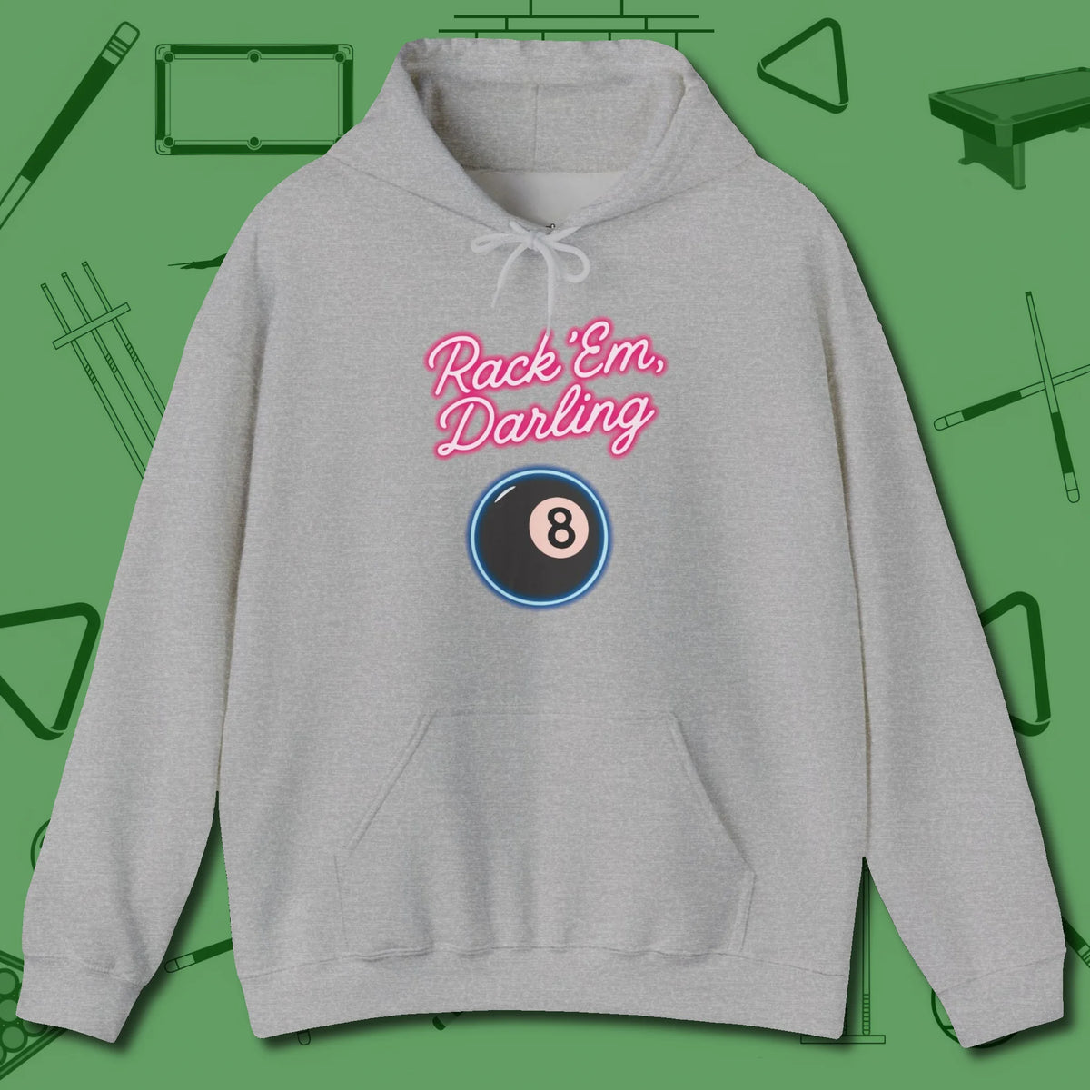 Rack ’Em Darling Hoodie, front view, in Sport Grey what the real shooters wear