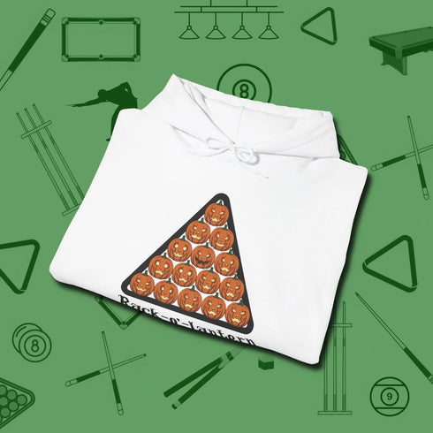 Rack O Lantern Hoodie, folded view, in White cue sports swagger done right