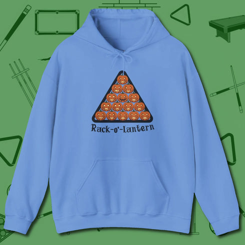 Rack O Lantern Hoodie, front view, in Carolina Blue the shirt that plays position