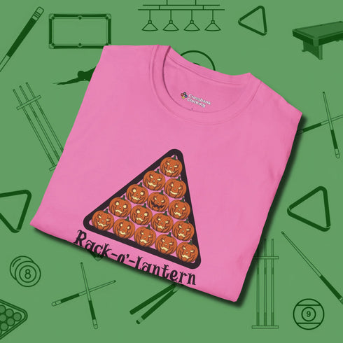 Rack-O'-Lantern T-Shirt, folded view, in Azalea your go-to shirt for league night victories
