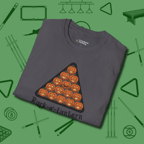 Rack-O'-Lantern T-Shirt, folded view, in Charcoal where cue control meets personal style