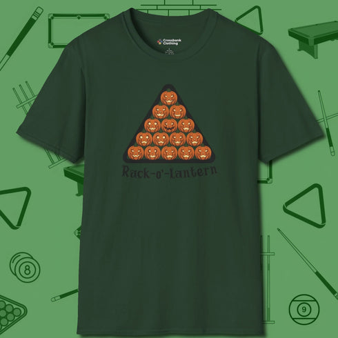 Rack-O'-Lantern T-Shirt, front view, in Forest Green smart enough for the felt and the street