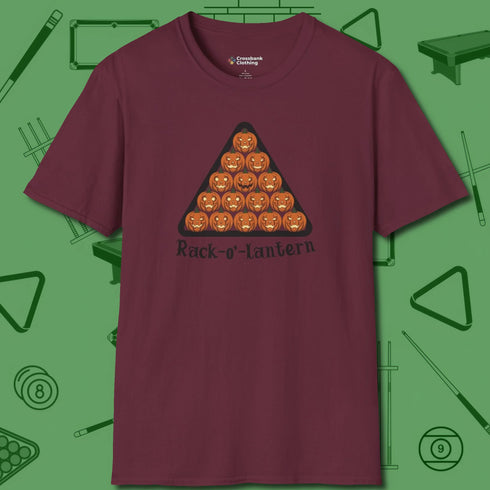 Rack-O'-Lantern T-Shirt, front view, in Maroon the shirt that plays position