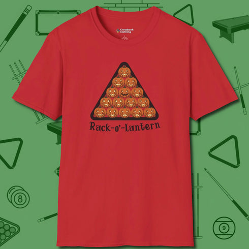 Rack-O'-Lantern T-Shirt, front view, in Red perfect for players with quiet fire