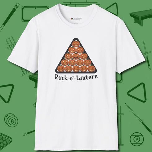 Rack-O'-Lantern T-Shirt, front view, in White your go-to shirt for league night victories