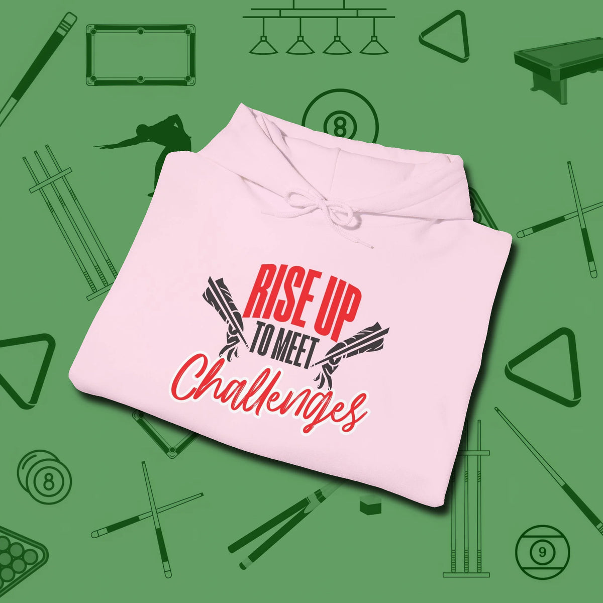 Rise Up to Meet Challenges Hoodie, folded view, in Light Pink where style and cue discipline collide
