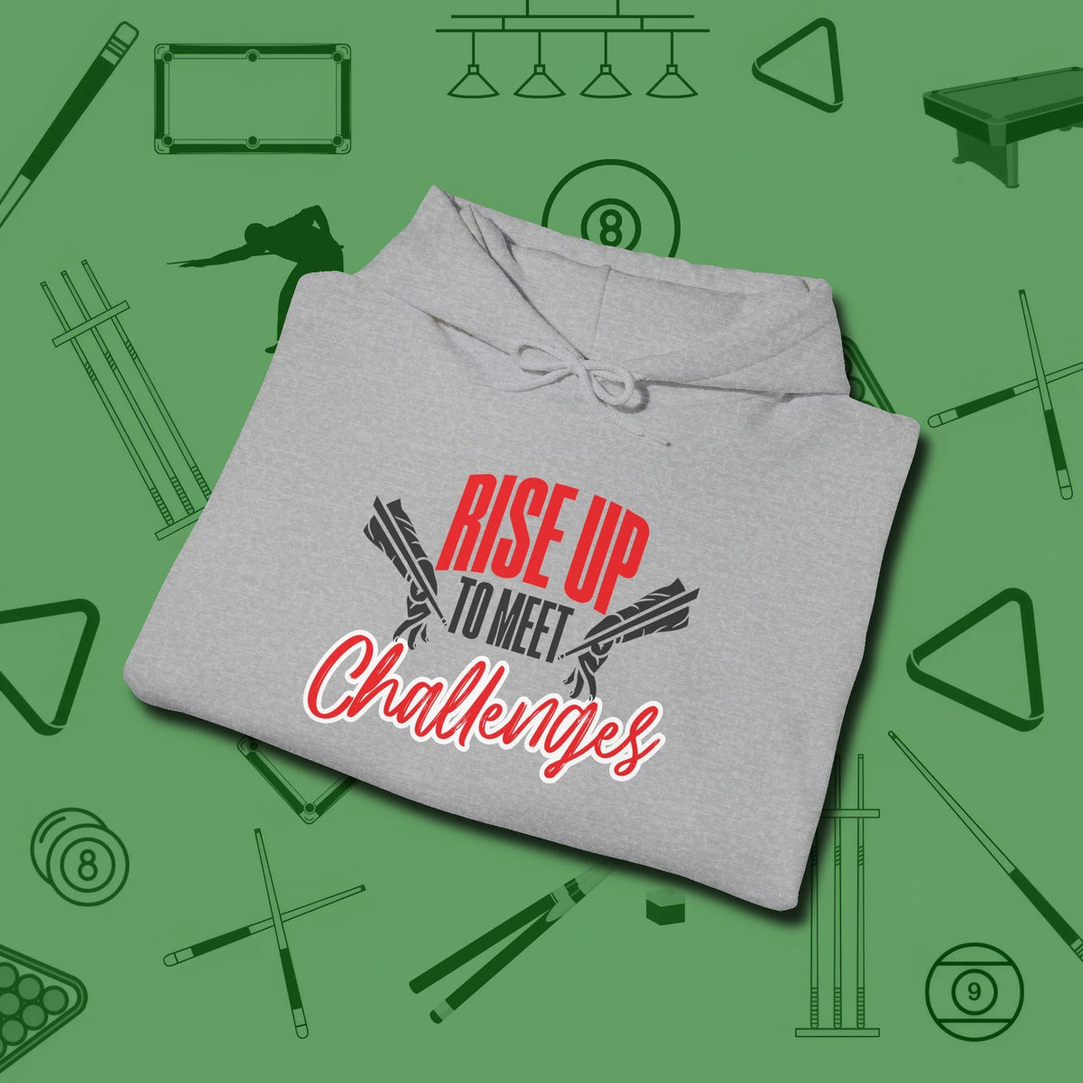 Rise Up to Meet Challenges Hoodie, folded view, in Sport Grey where style and cue discipline collide