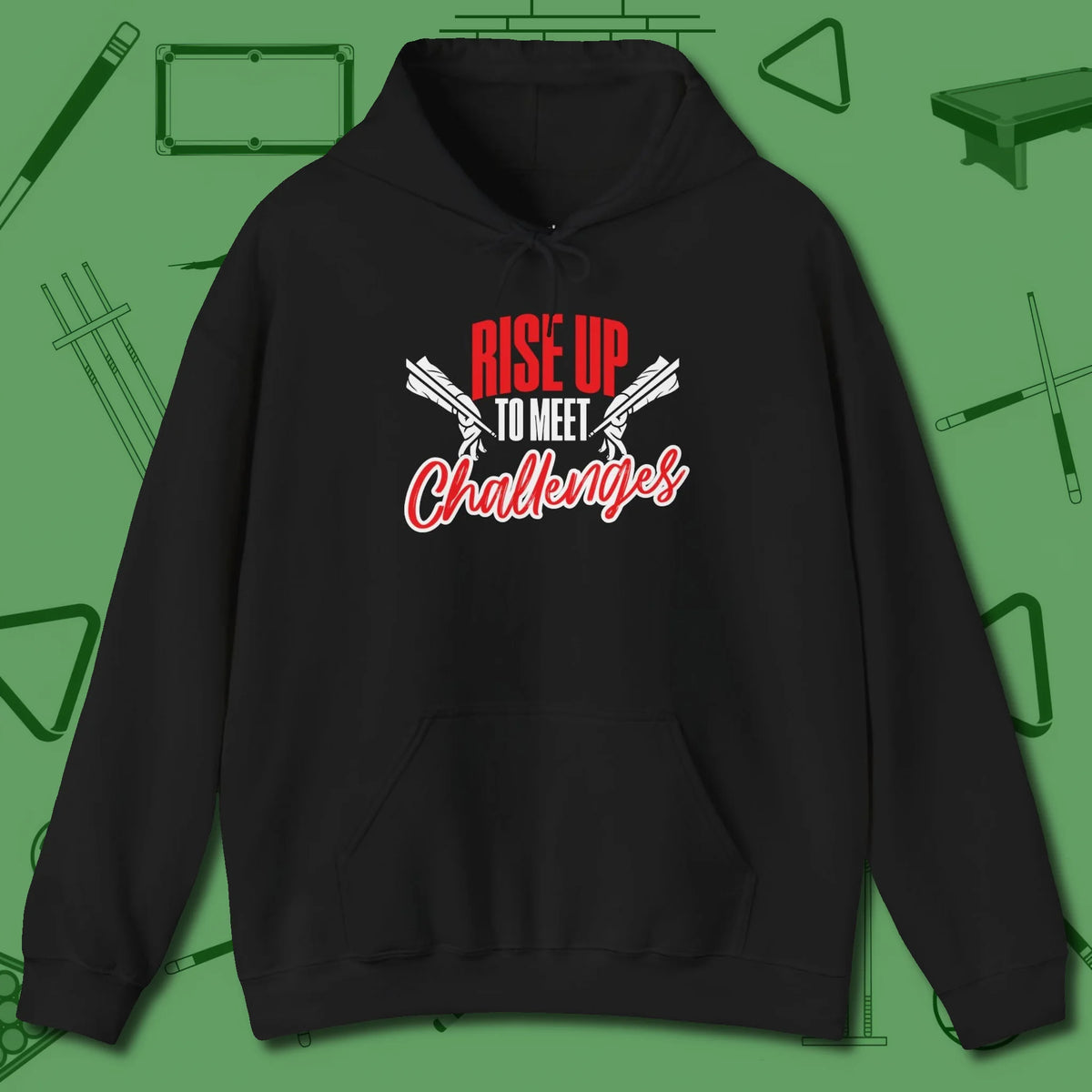 Rise Up to Meet Challenges Hoodie, front view, in Black look good while calling your pocket