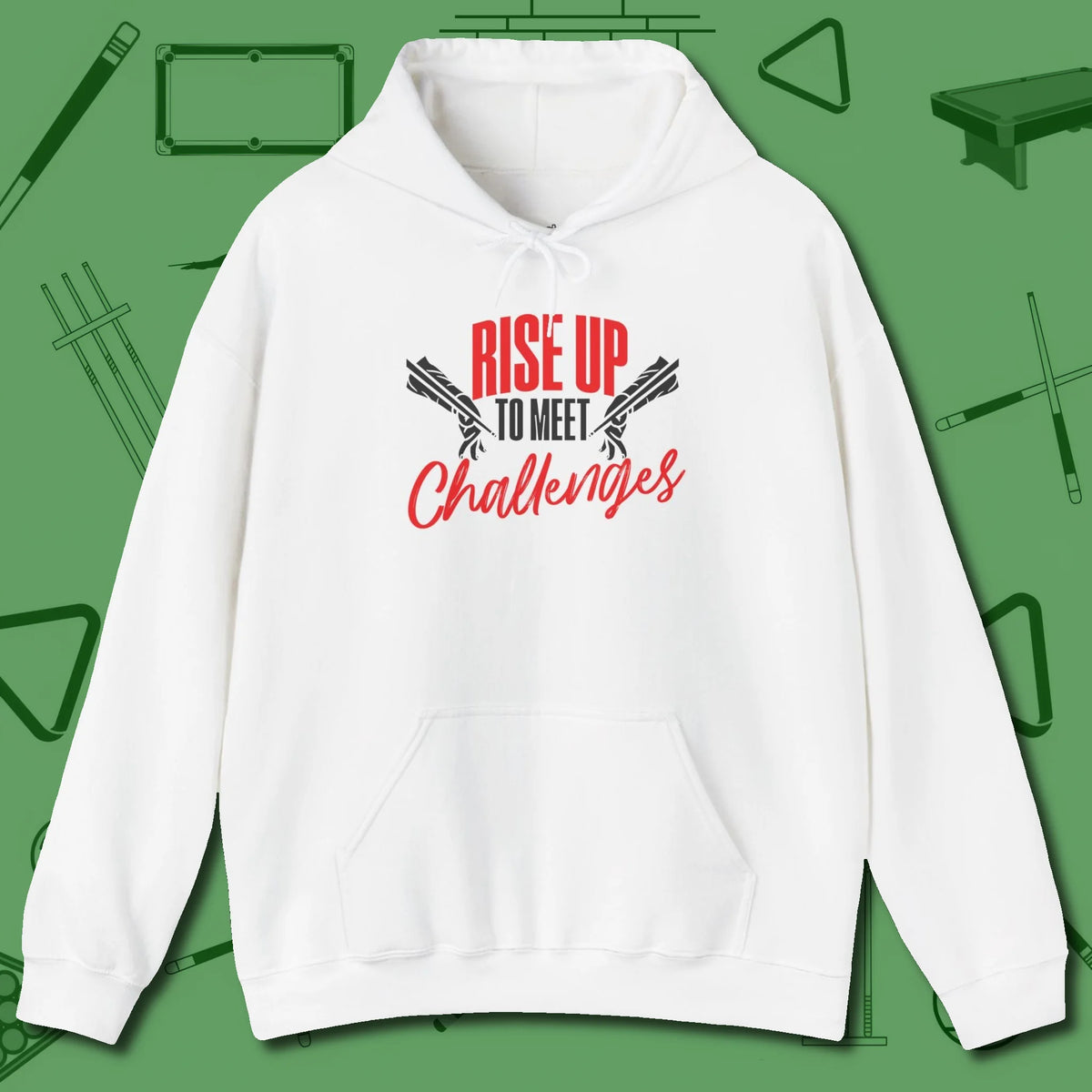 Rise Up to Meet Challenges Hoodie, front view, in White subtle drip for serious shooters