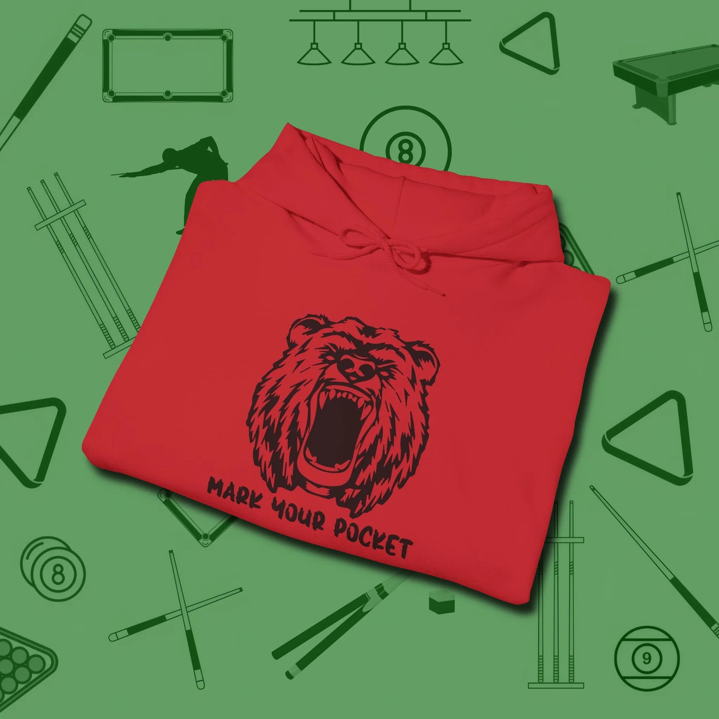 Roaring Grizzly Mark Your Pocket Hoodie, folded view, in Red precise, confident, always in control