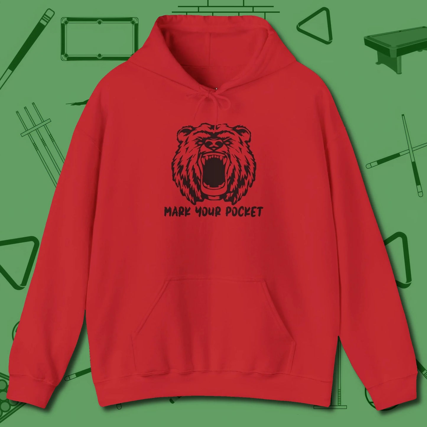 Roaring Grizzly Mark Your Pocket Hoodie, front view, in Red classic cue style, no gimmicks