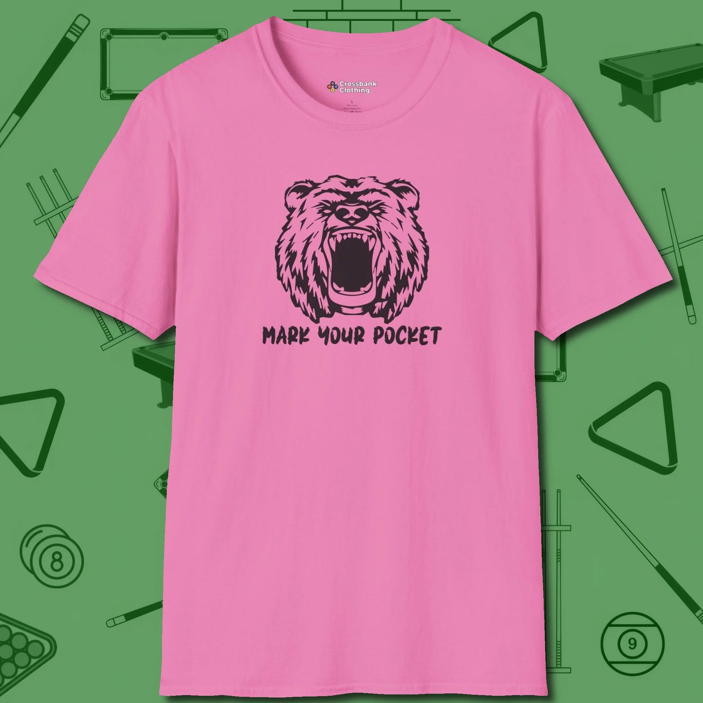 Roaring Grizzly Mark Your Pocket T-Shirt, front view, in Azalea ideal for clean hits and clean fits