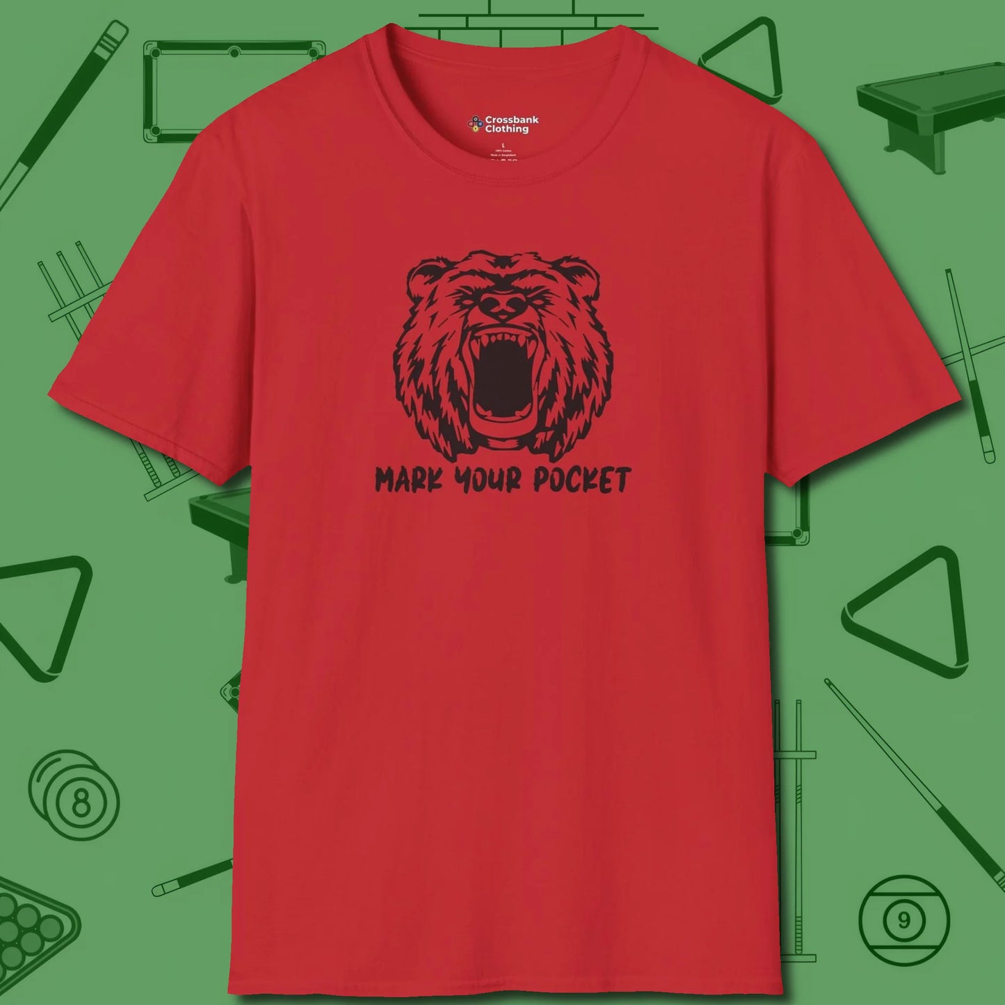Roaring Grizzly Mark Your Pocket T-Shirt, front view, in Red play in style, win in silence