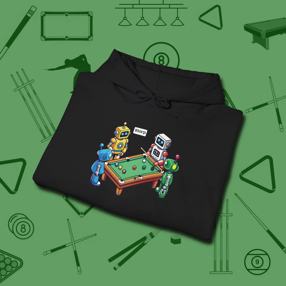 Robots Playing Hoodie, folded view, in Black dress for the shot you want to take