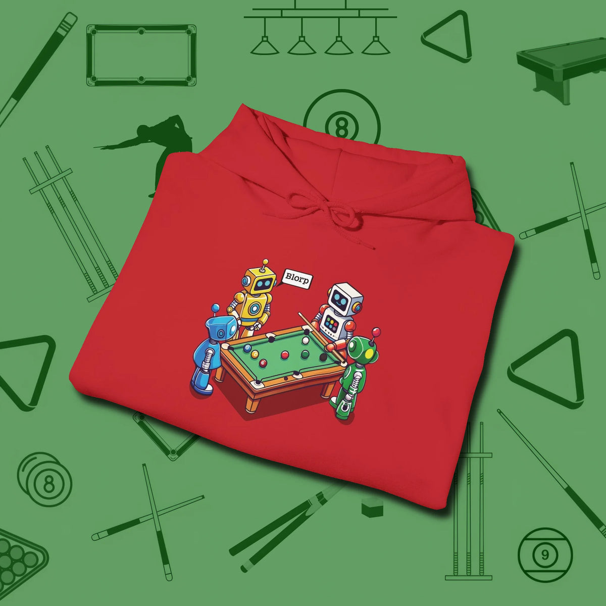 Robots Playing Hoodie, folded view, in Red designed for dead stroke and deadpan looks