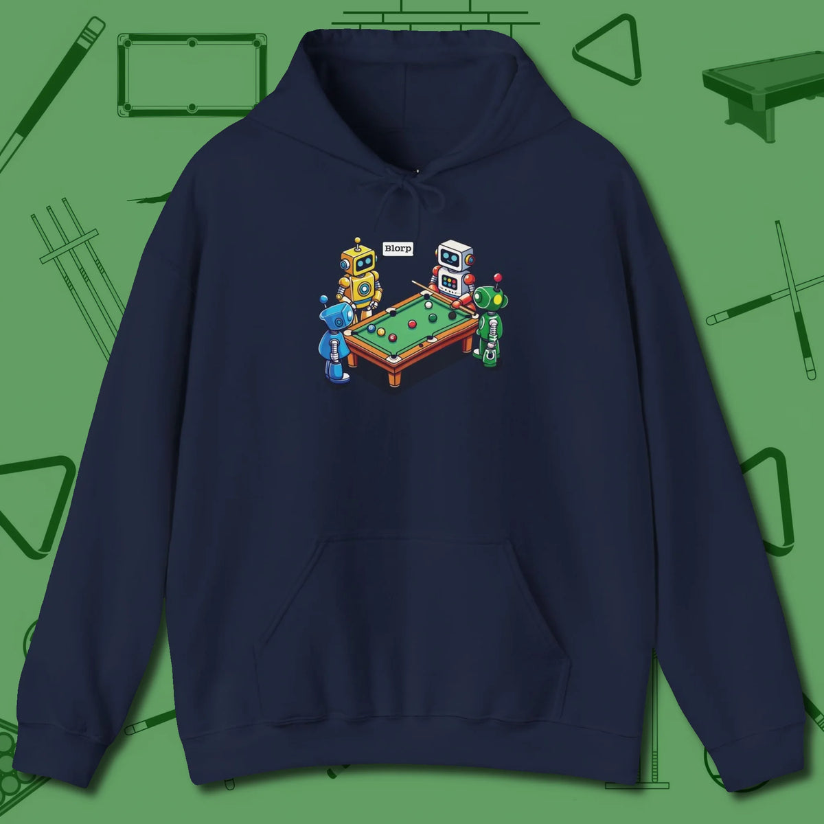 Robots Playing Hoodie, front view, in Navy poolroom style with tournament attitude