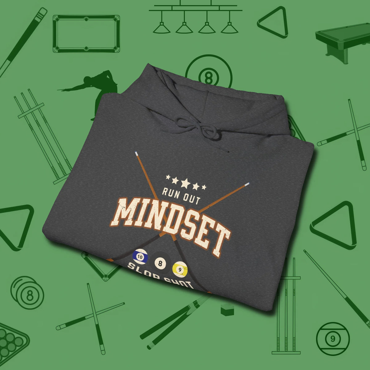 Run Out Mindset/Slop Shot Skills Hoodie, folded view, in Dark Heather fashion with break-and-run energy