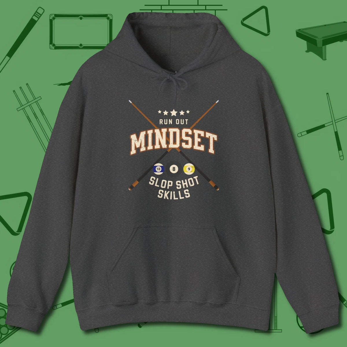 Run Out Mindset/Slop Shot Skills Hoodie, front view, in Black tough like your favorite break cue