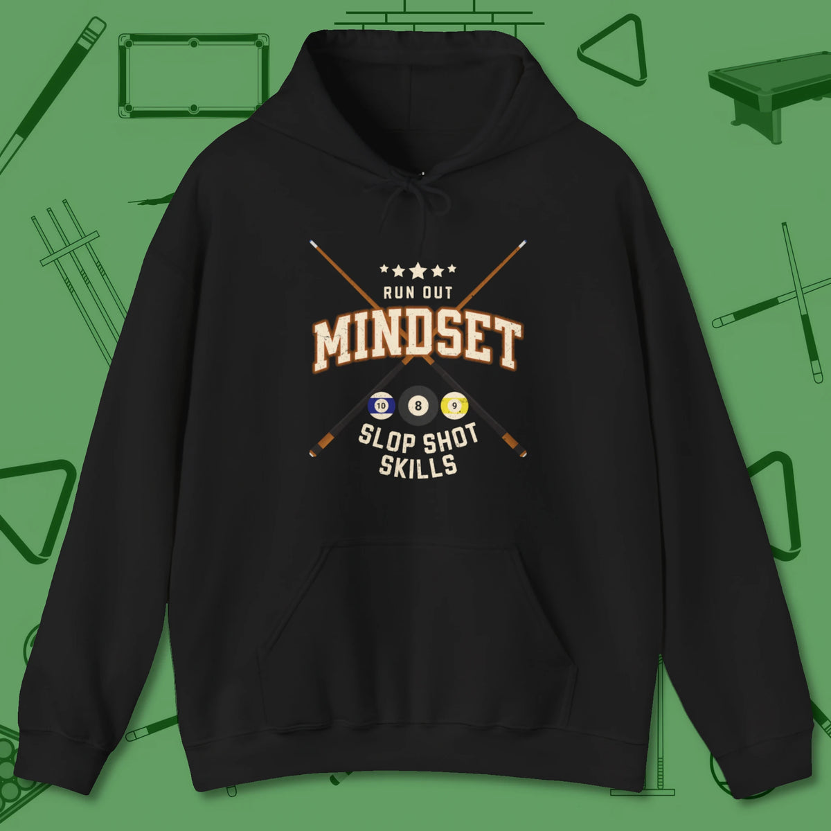 Run Out Mindset/Slop Shot Skills Hoodie, front view, in Black classic cue style, no gimmicks