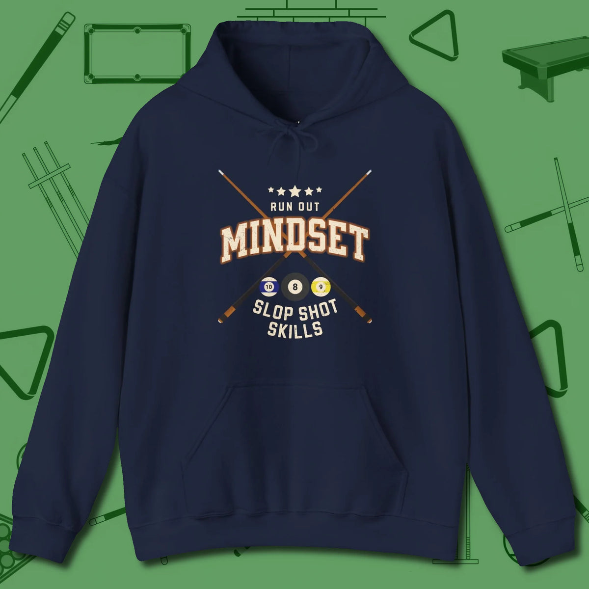 Run Out Mindset/Slop Shot Skills Hoodie, front view, in Navy confidence stitched in every seam