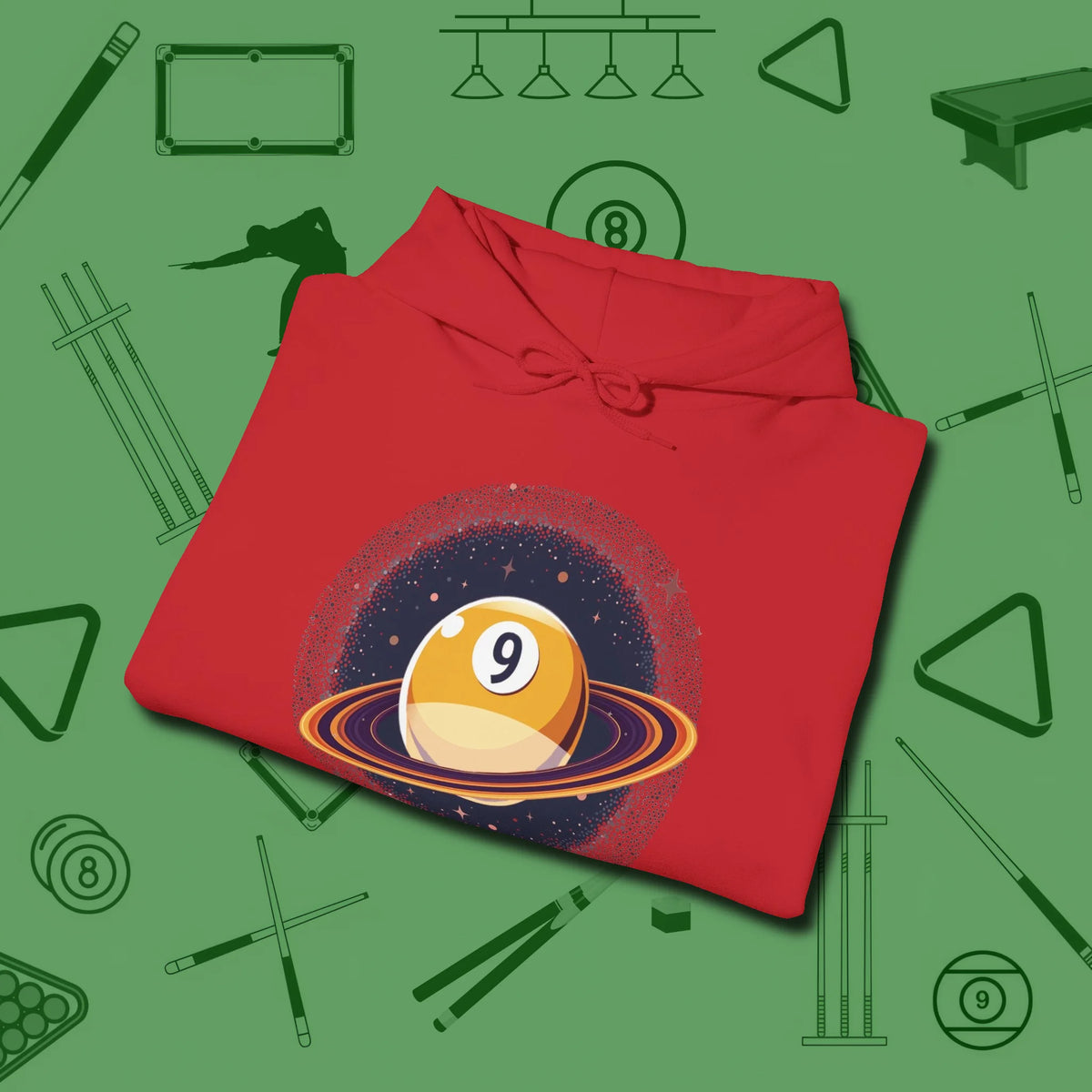 Nine Ball Saturn Hoodie, folded view, in Red designed for dead stroke and deadpan looks