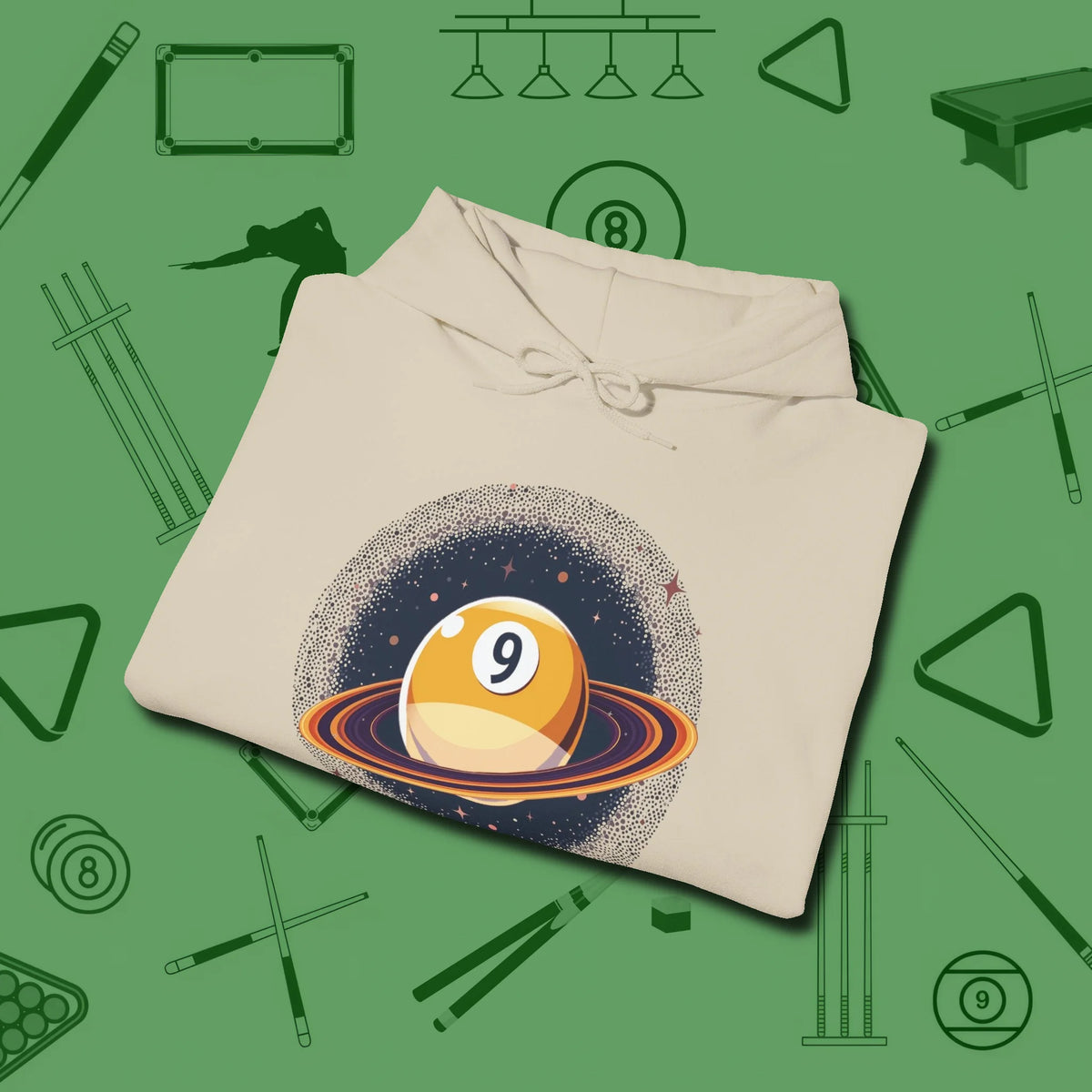 Nine Ball Saturn Hoodie, folded view, in Sand make every shot — and outfit — count