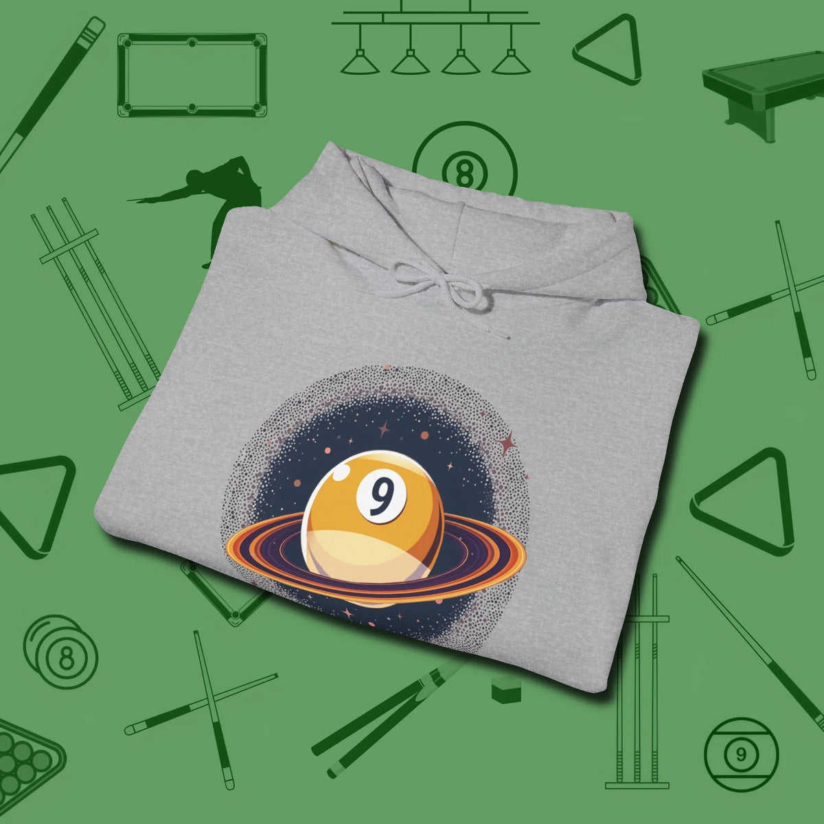 Nine Ball Saturn Hoodie, folded view, in Sport Grey designed for dead stroke and deadpan looks