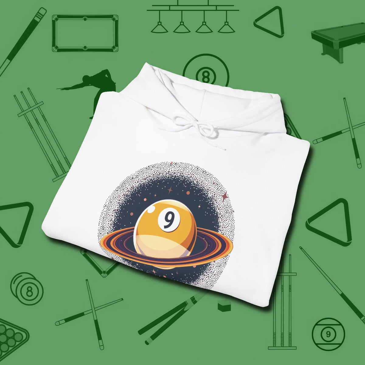 Nine Ball Saturn Hoodie, folded view, in White break, run out, turn heads — repeat