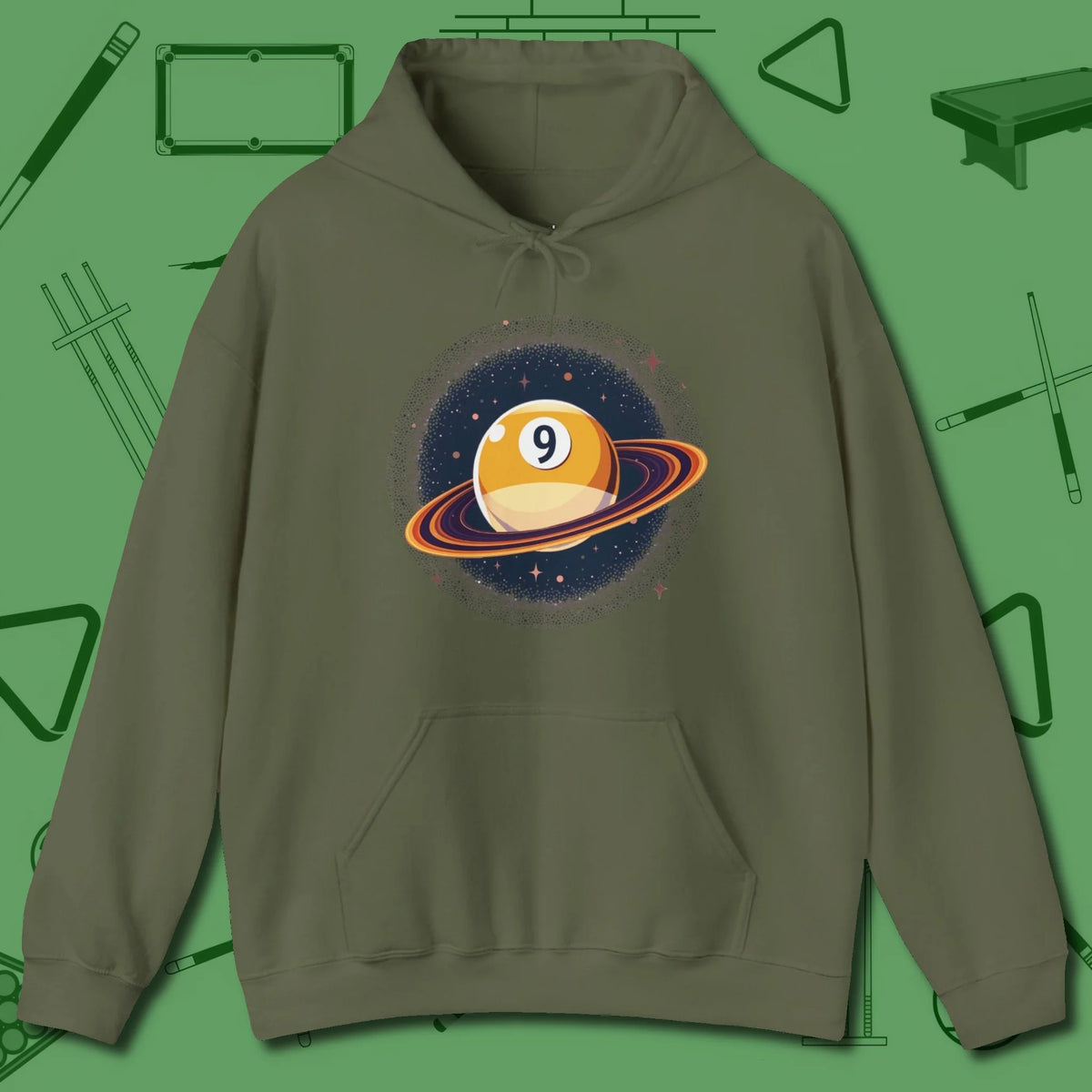 Nine Ball Saturn Hoodie, front view, in Military Green classic cue style, no gimmicks