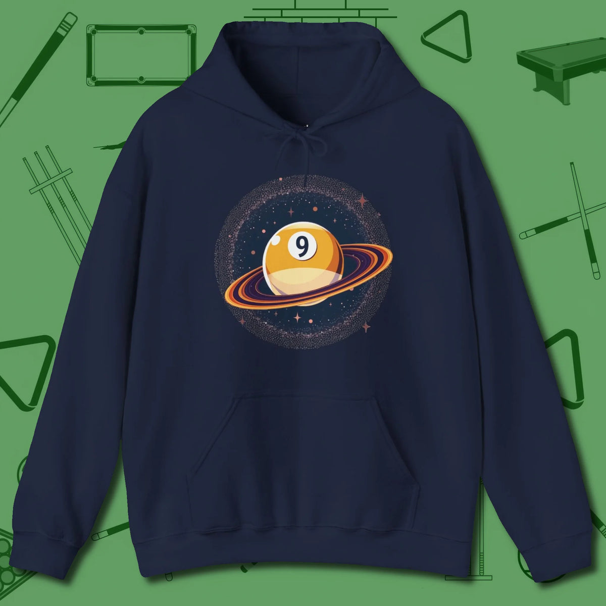 Nine Ball Saturn Hoodie, front view, in Navy tough like your favorite break cue