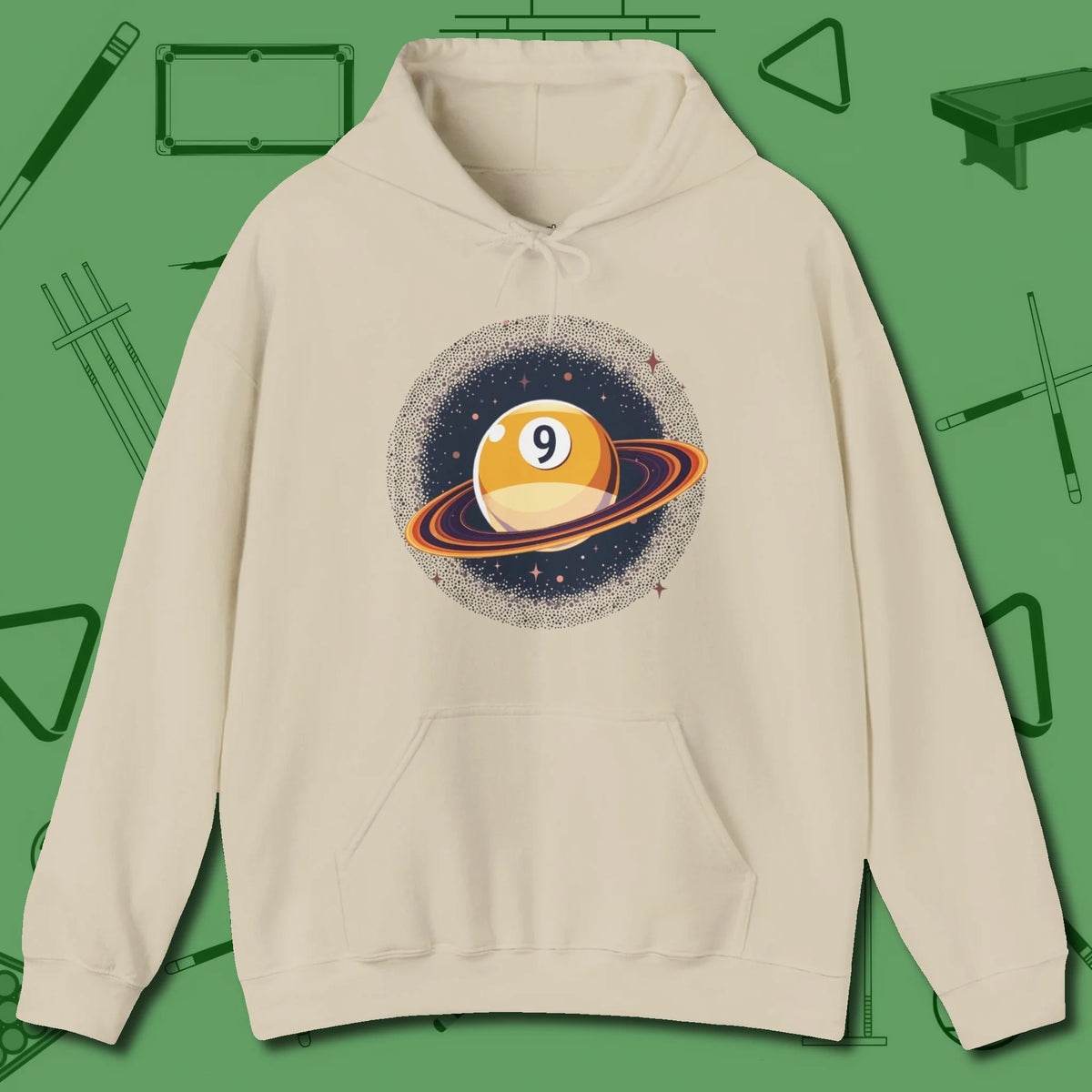 Nine Ball Saturn Hoodie, front view, in Sand play in style, win in silence