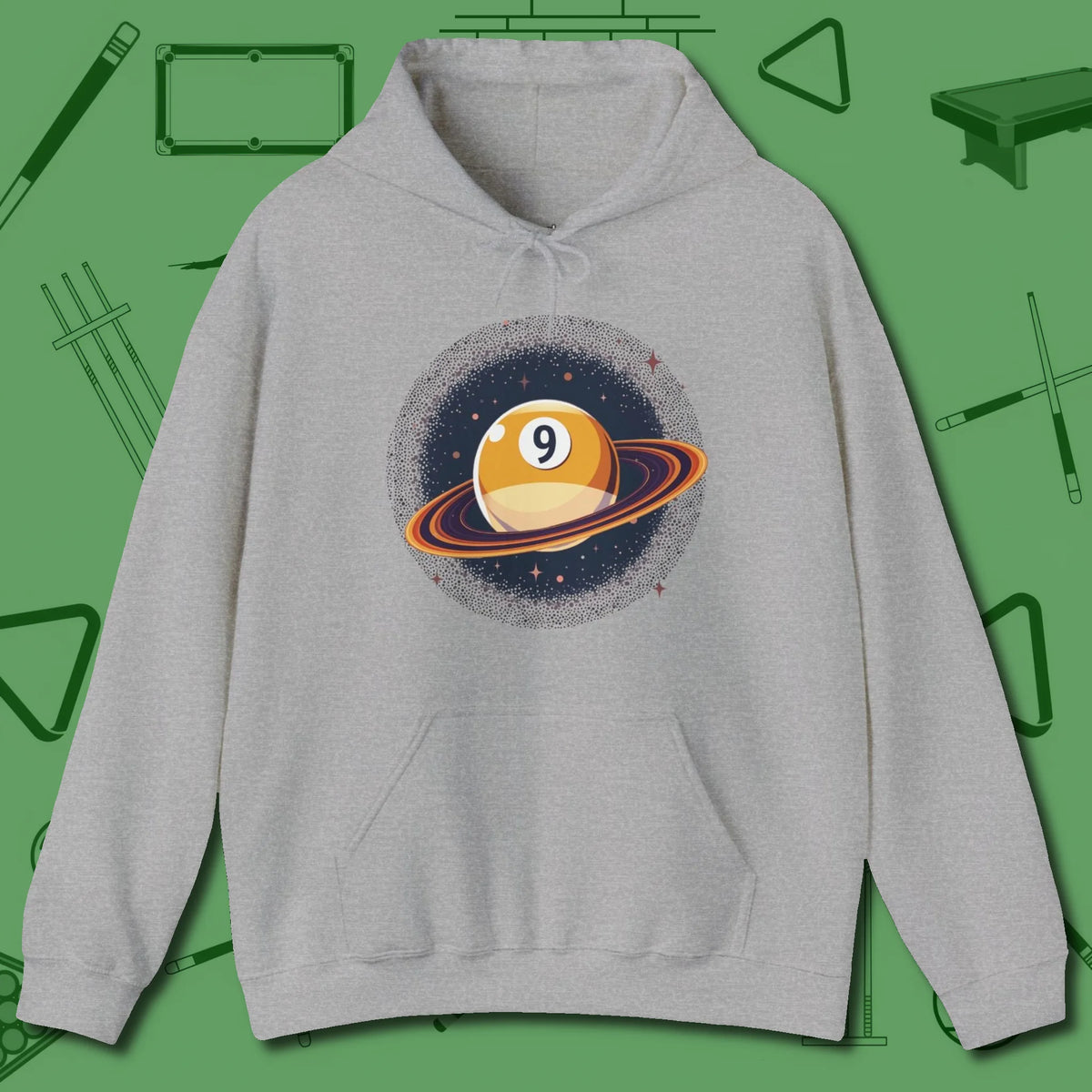 Nine Ball Saturn Hoodie, front view, in Sport Grey where cue control meets personal style