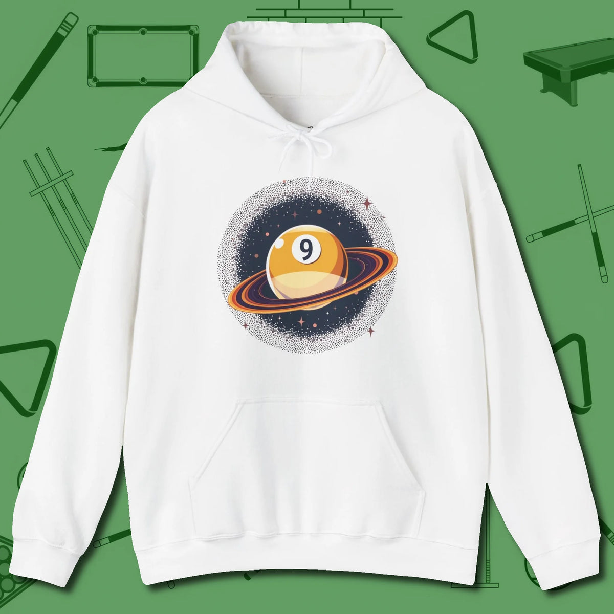 Nine Ball Saturn Hoodie, front view, in White poolroom style with tournament attitude