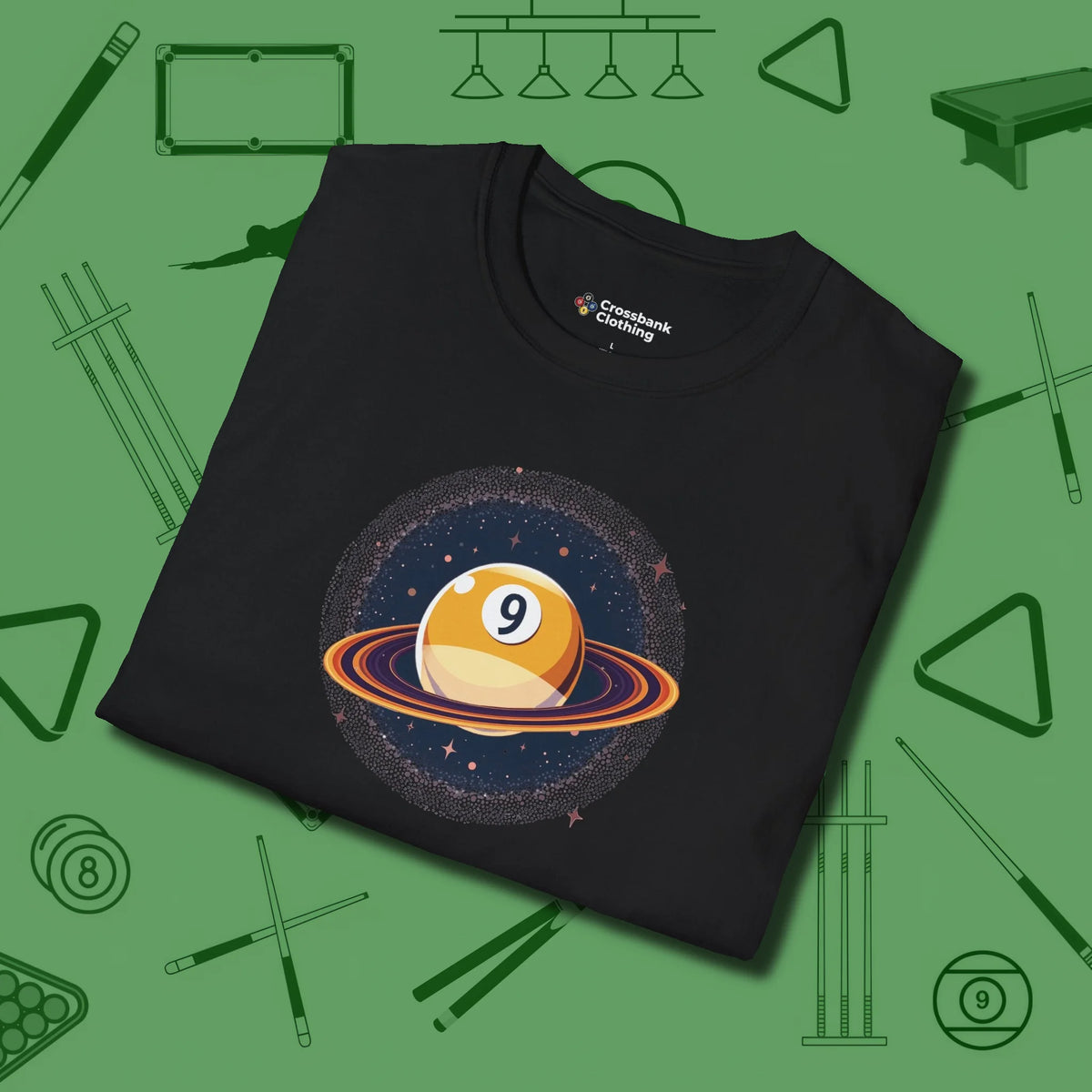 Nine Ball Saturn T-Shirt, folded view, in Black earns respect before the first shot