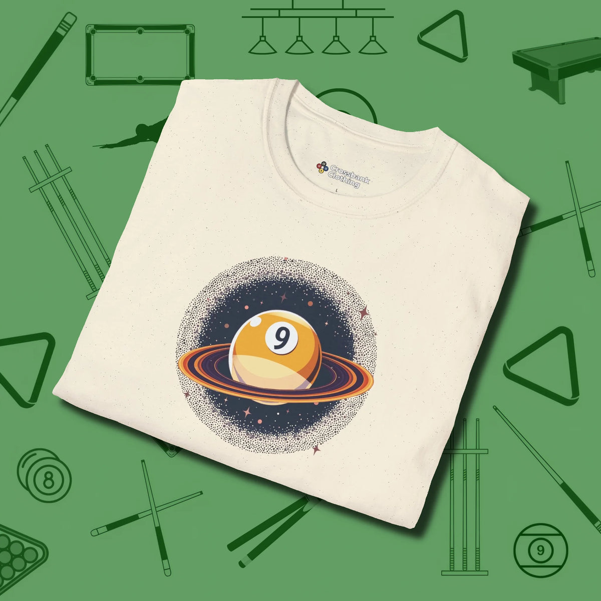 Nine Ball Saturn T-Shirt, folded view, in Natural like your stroke — smooth and deliberate