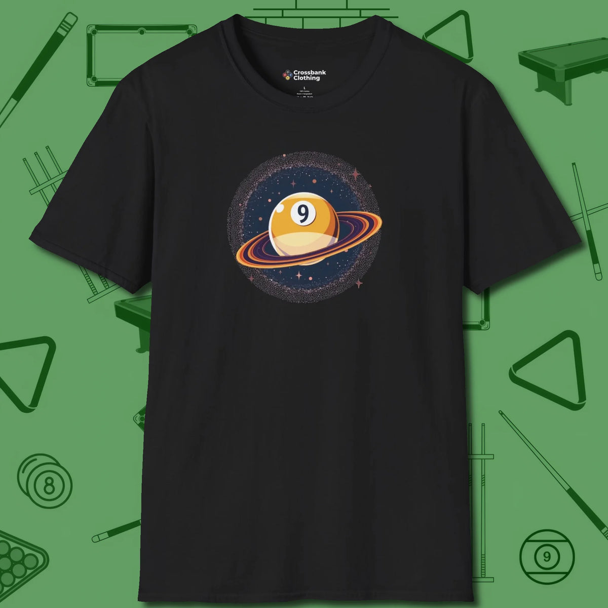 Nine Ball Saturn T-Shirt, front view, in Black perfect for players with quiet fire