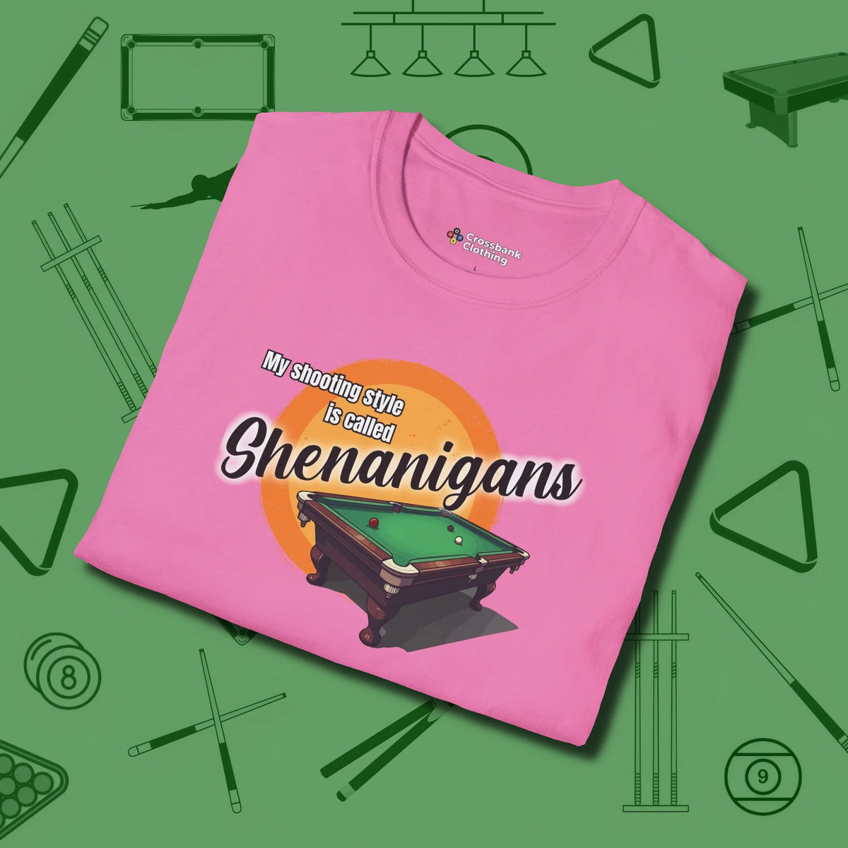 Shenanigans Style T-Shirt, folded view, in Azalea classic cue style, no gimmicks