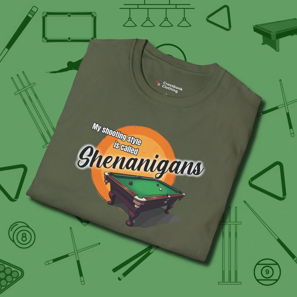 Shenanigans Style T-Shirt, folded view, in Military Green from chalk to clutch, look the part