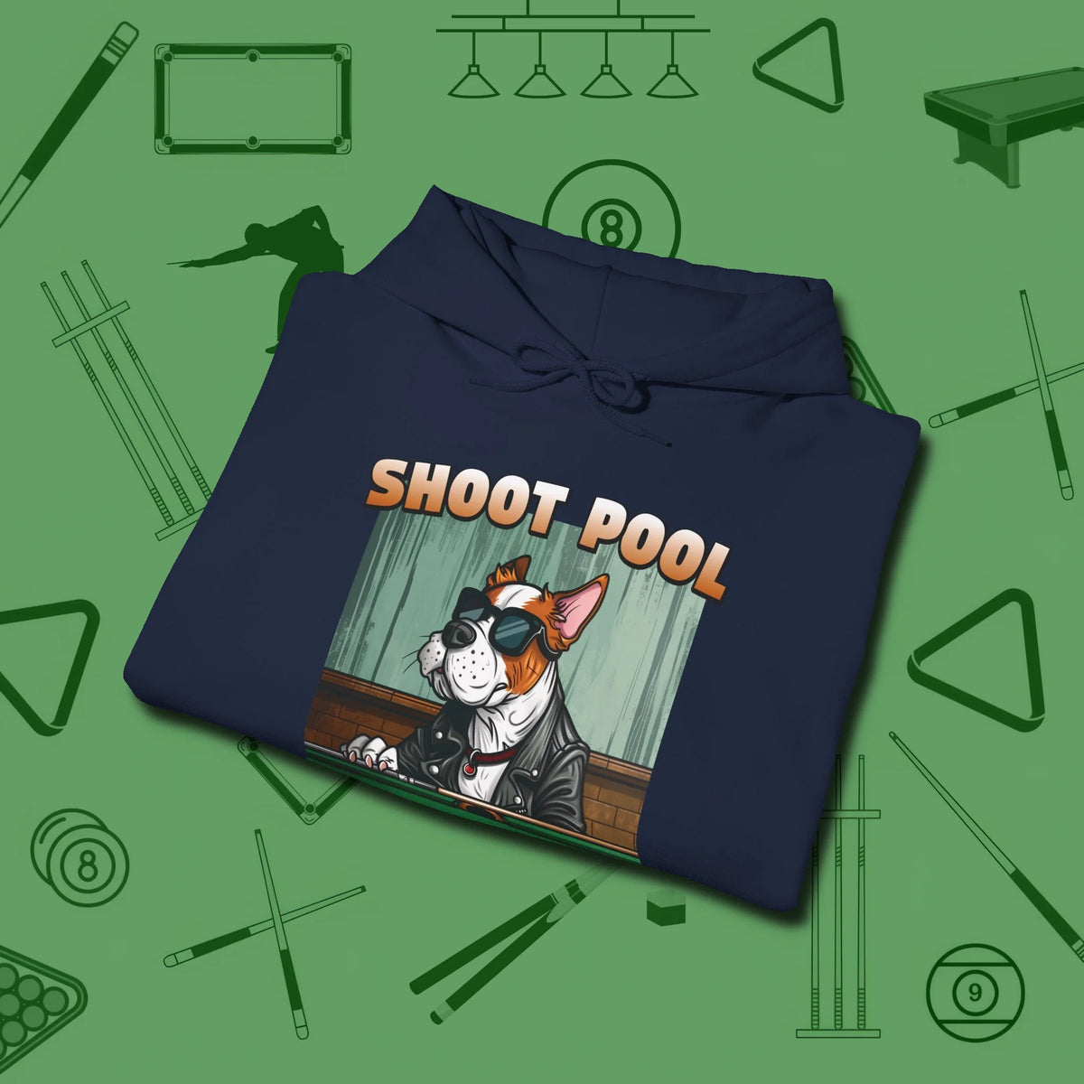 Shoot Get Bitches Hoodie, folded view, in Navy cue sports swagger done right