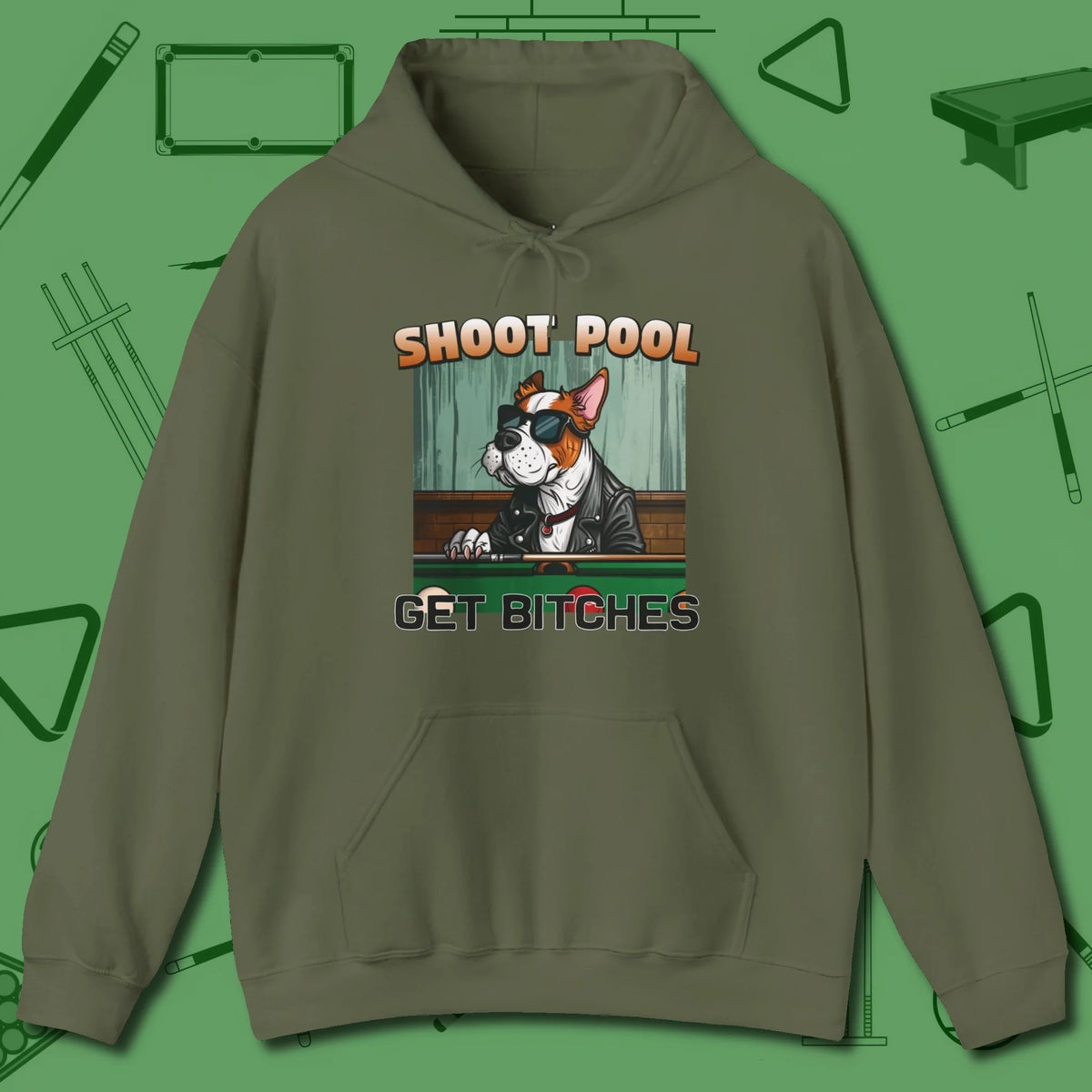 Shoot Get Bitches Hoodie, front view, in Military Green fashion with break-and-run energy