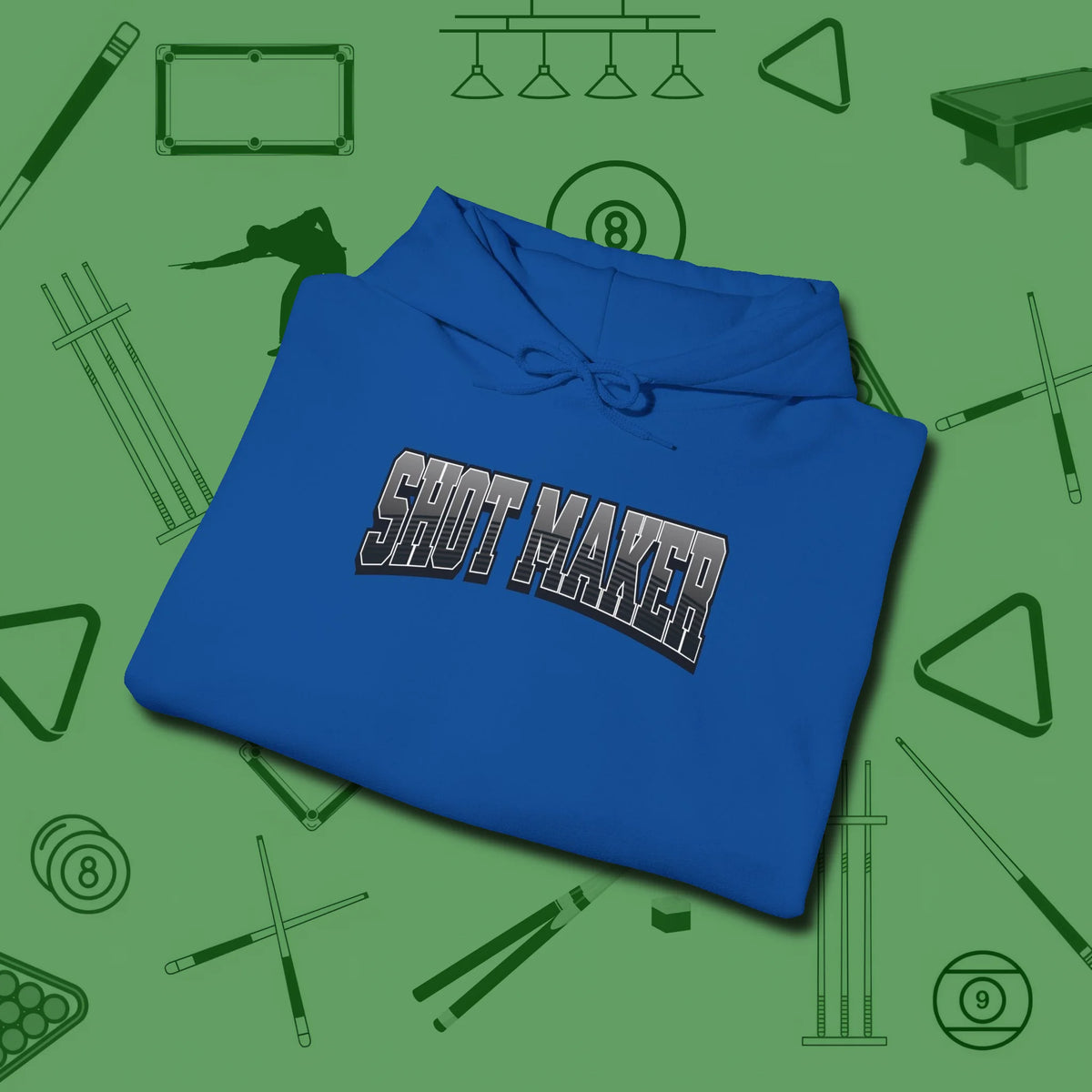 Shot Maker Billiards Hoodie, folded view, in Royal stitched for cue discipline and cool confidence