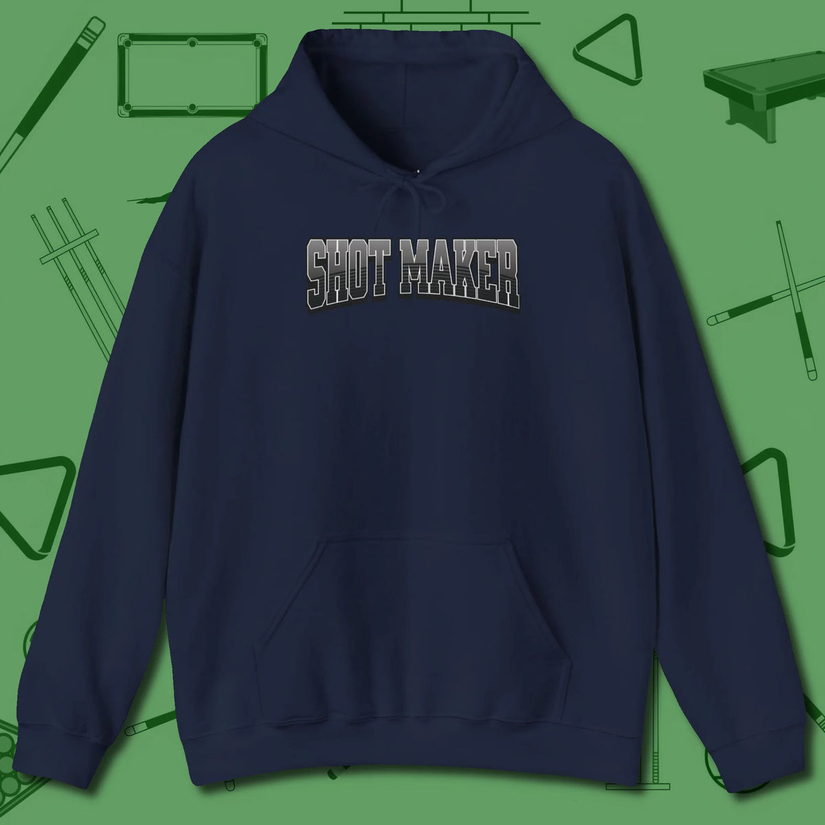 Shot Maker Billiards Hoodie, front view, in Navy make every shot — and outfit — count