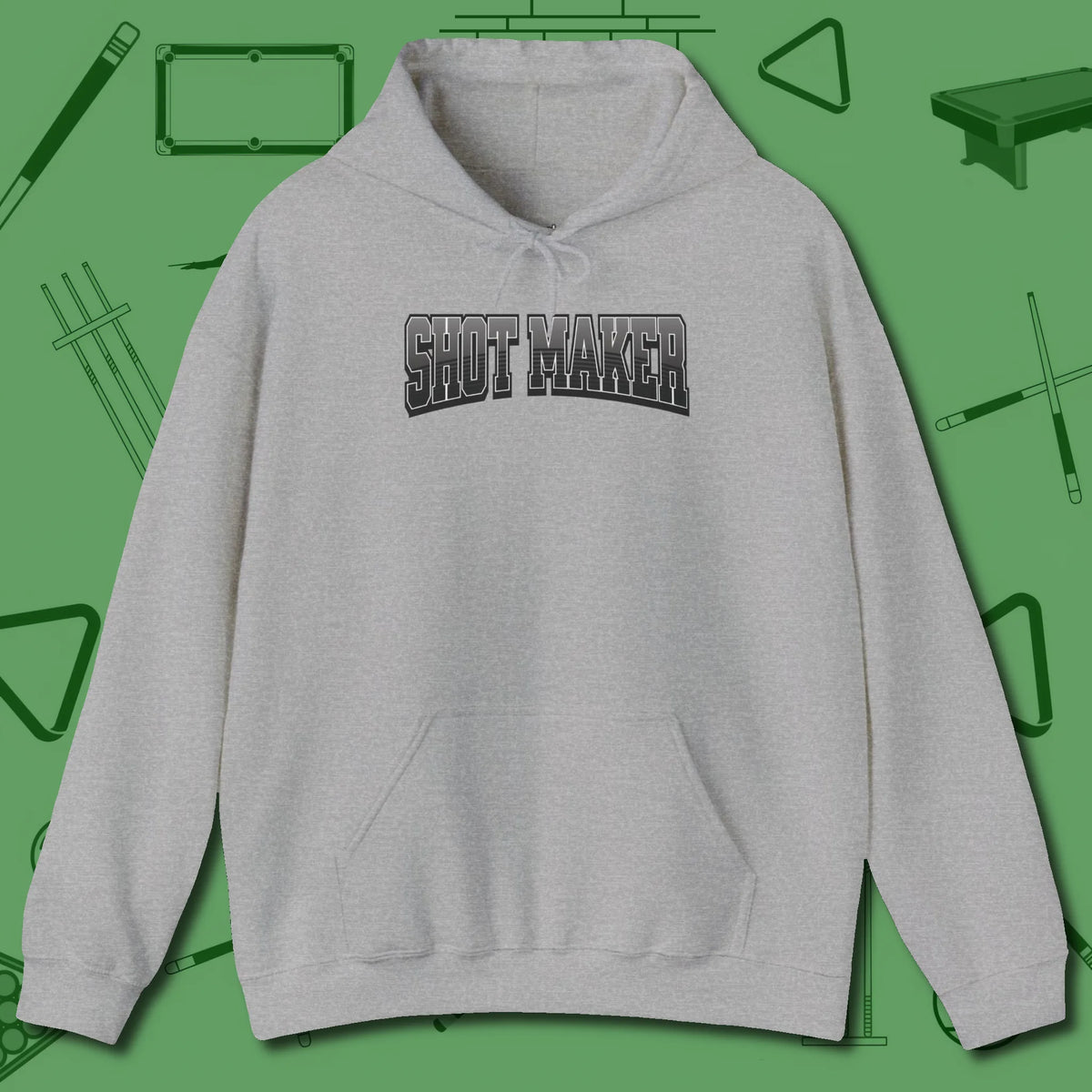 Shot Maker Billiards Hoodie, front view, in Sport Grey not your average 8-ball graphic tee