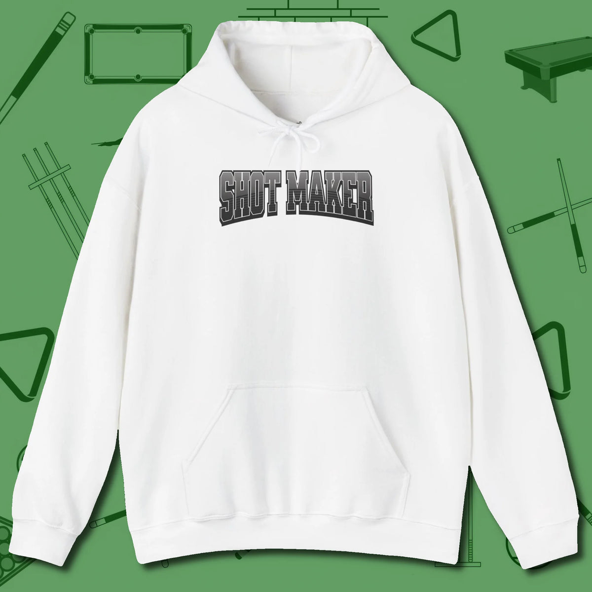 Shot Maker Billiards Hoodie, front view, in White table-tested, street-approved style