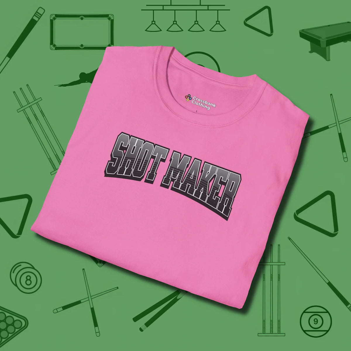 Shot Maker Billiards T-Shirt, folded view, in Azalea built for bold breaks and quiet confidence