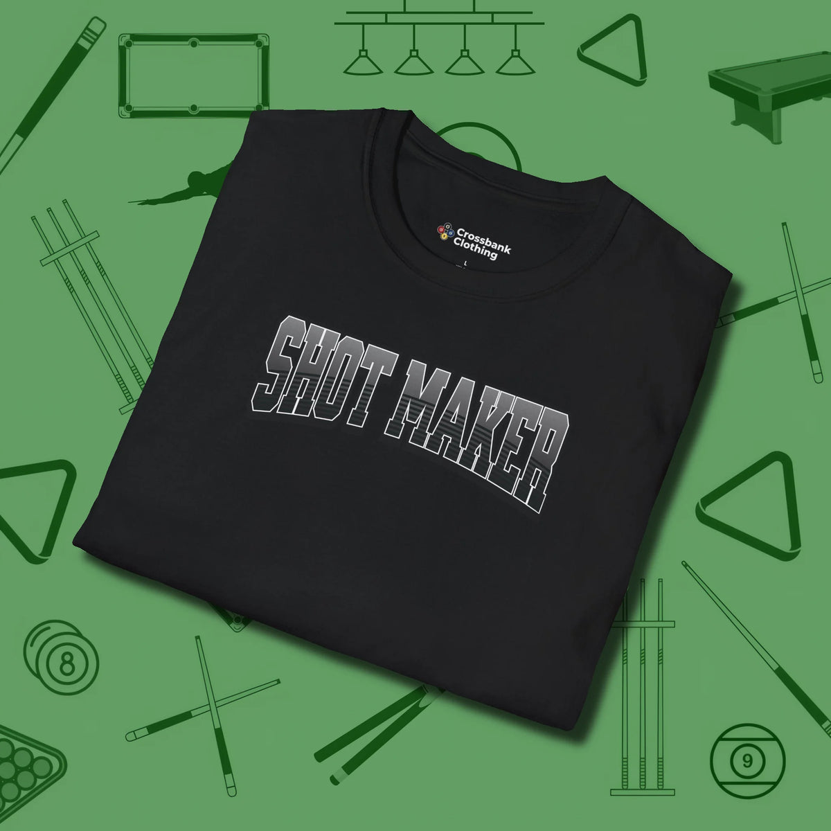 Shot Maker Billiards T-Shirt, folded view, in Black poolroom style with tournament attitude