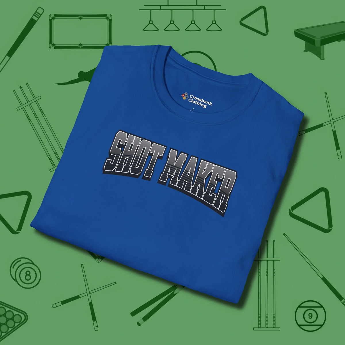 Shot Maker Billiards T-Shirt, folded view, in Royal built for bold breaks and quiet confidence