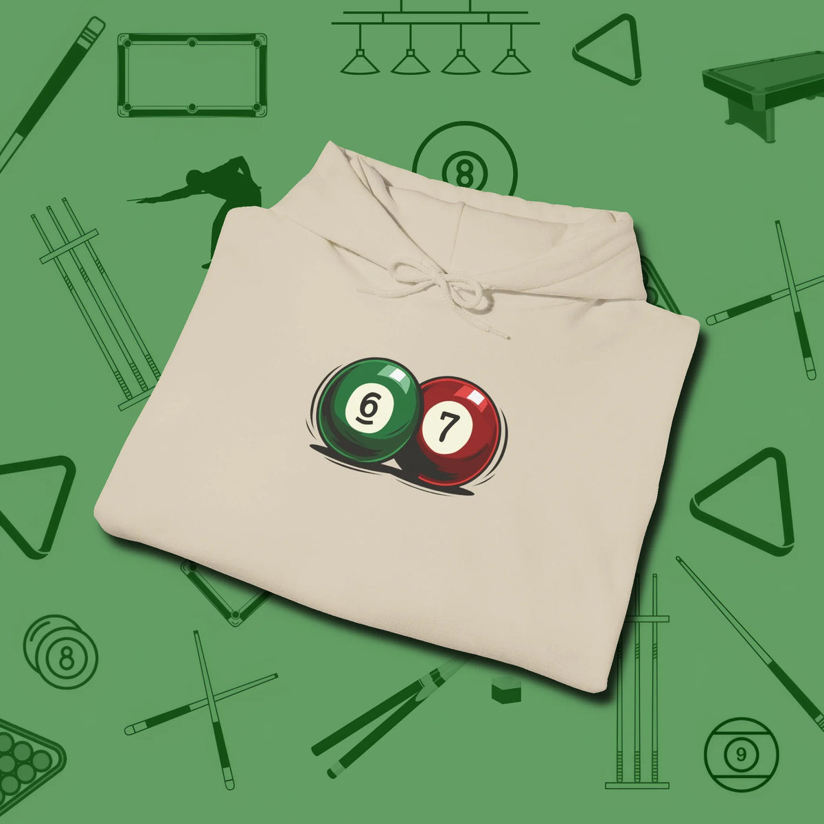 Six Seven Hoodie, folded view, in Sand classic cue style, no gimmicks