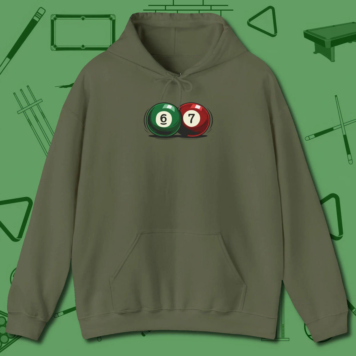 Six Seven Hoodie, front view, in Military Green subtle drip for serious shooters